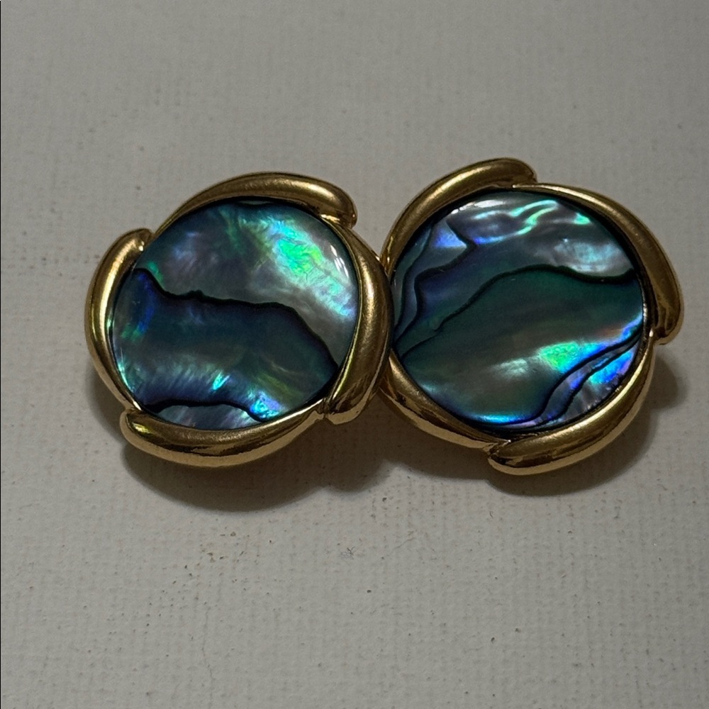 Gold-Frame Abalone Shell Stud Clip on Earrings - Picture 7 of 14